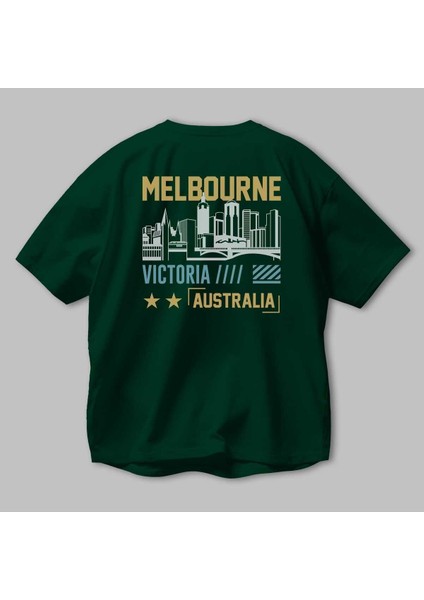 Melbourne Arka Baskılı Zümrüt Yeşili Oversize T-Shirt Unisex Erkek Kadın Bisiklet Yaka modelleri