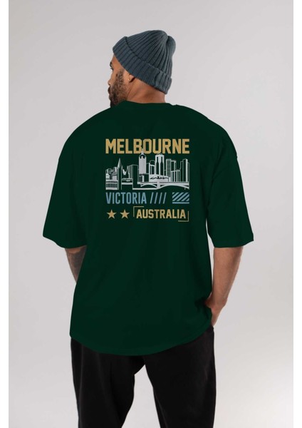 Melbourne Arka Baskılı Zümrüt Yeşili Oversize T-Shirt Unisex Erkek Kadın Bisiklet Yaka indirimleri