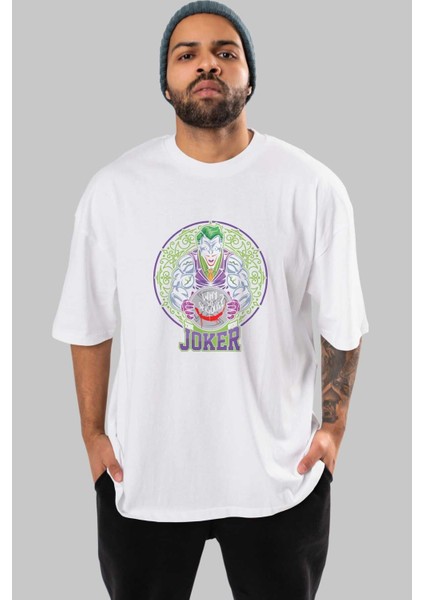 Joker Gym Ön Baskılı Beyaz Oversize T-Shirt Bisiklet Yaka Erkek Kadın