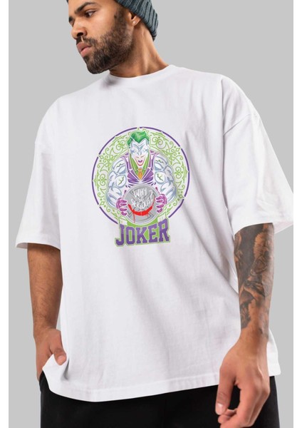 Joker Gym Ön Baskılı Beyaz Oversize T-Shirt Bisiklet Yaka Erkek Kadın modelleri