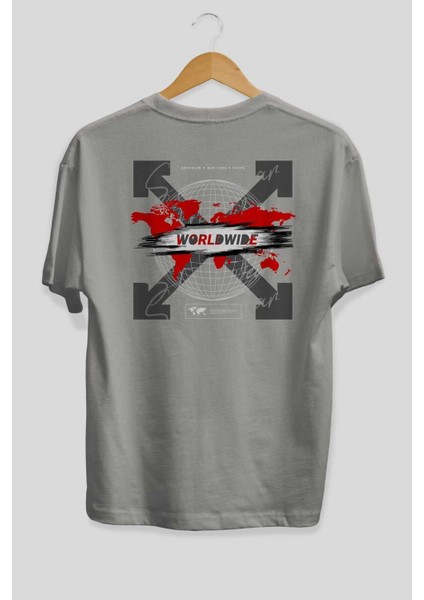 Worldwide Style Arka Baskılı Gri Oversize T-Shirt Unisex Erkek Kadın Bisiklet Yaka fiyatları