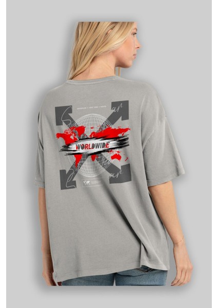 Worldwide Style Arka Baskılı Gri Oversize T-Shirt Unisex Erkek Kadın Bisiklet Yaka modelleri