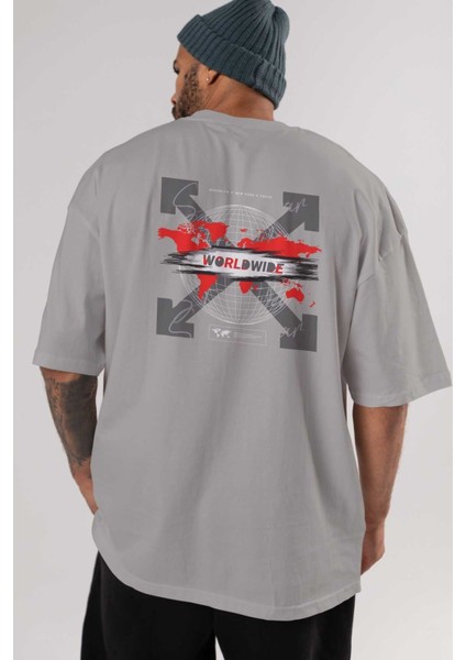 Worldwide Style Arka Baskılı Gri Oversize T-Shirt Unisex Erkek Kadın Bisiklet Yaka indirimleri