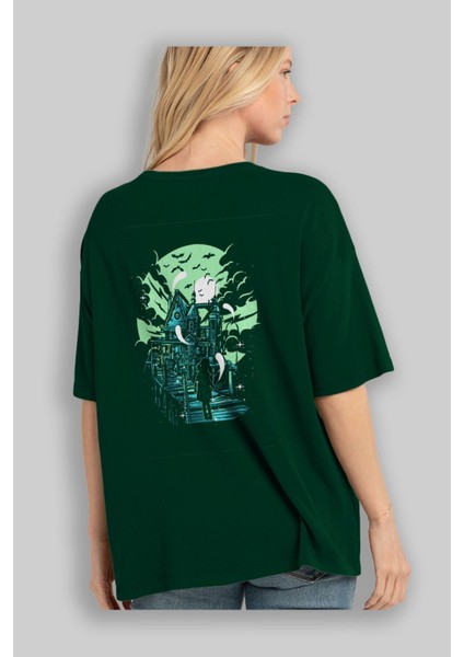 Haunted House Arka Baskılı Zümrüt Yeşili Oversize T-Shirt Unisex Erkek Kadın Bisiklet Yaka fırsatları
