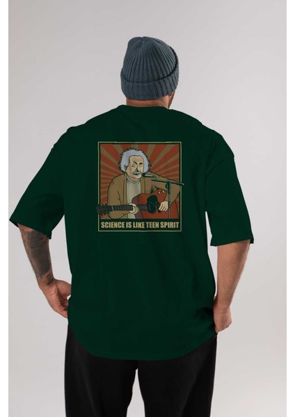 Kurt Einstein Arka Baskılı Zümrüt Yeşili Oversize T-Shirt Unisex Erkek Kadın Bisiklet Yaka