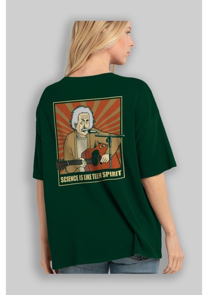 Kurt Einstein Arka Baskılı Zümrüt Yeşili Oversize T-Shirt Unisex Erkek Kadın Bisiklet Yaka fırsatları