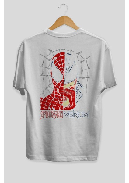 Spiderman Venom Arka Baskılı Beyaz Oversize T-Shirt Bisiklet Yaka Pamuk Erkek Kadın fiyatları