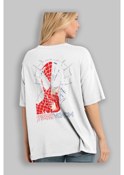 Spiderman Venom Arka Baskılı Beyaz Oversize T-Shirt Bisiklet Yaka Pamuk Erkek Kadın modelleri
