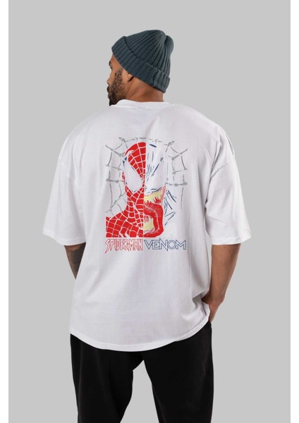 Spiderman Venom Arka Baskılı Beyaz Oversize T-Shirt Bisiklet Yaka Pamuk Erkek Kadın fırsatları