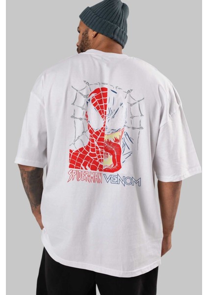 Spiderman Venom Arka Baskılı Beyaz Oversize T-Shirt Bisiklet Yaka Pamuk Erkek Kadın indirimleri