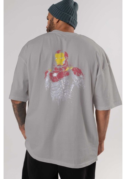 Iron Man (2) Arka Baskılı Gri Oversize T-Shirt Bisiklet Yaka Pamuk Erkek Kadın
