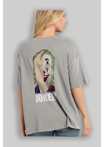 Joker (8) Arka Baskılı Gri Oversize T-Shirt Bisiklet Yaka Pamuk Erkek Kadın modelleri