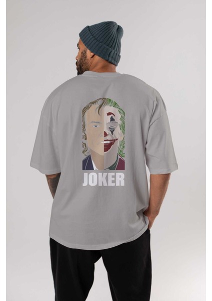 Joker (8) Arka Baskılı Gri Oversize T-Shirt Bisiklet Yaka Pamuk Erkek Kadın fırsatları