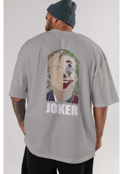Joker (8) Arka Baskılı Gri Oversize T-Shirt Bisiklet Yaka Pamuk Erkek Kadın indirimleri