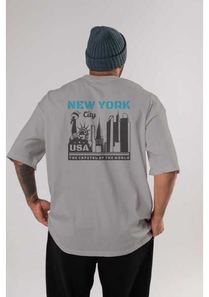 New York 2 Arka Baskılı Gri Oversize T-Shirt Unisex Erkek Kadın Bisiklet Yaka