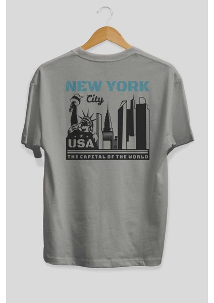 New York 2 Arka Baskılı Gri Oversize T-Shirt Unisex Erkek Kadın Bisiklet Yaka fiyatları