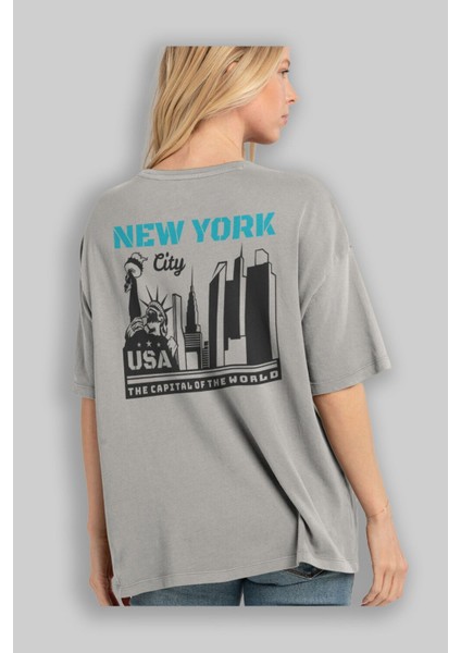 New York 2 Arka Baskılı Gri Oversize T-Shirt Unisex Erkek Kadın Bisiklet Yaka modelleri