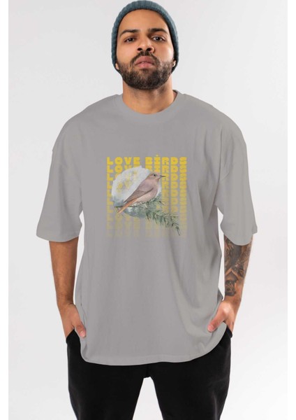 Love Birds Yazılı Ön Baskılı Gri Oversize T-Shirt Unisex Erkek Kadın Bisiklet Yaka