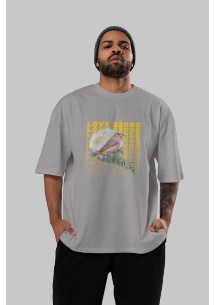 Love Birds Yazılı Ön Baskılı Gri Oversize T-Shirt Unisex Erkek Kadın Bisiklet Yaka indirimleri