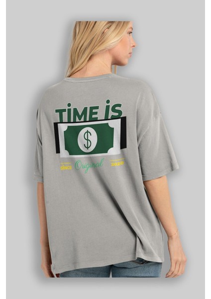 Time Is Original Arka Baskılı Gri Oversize T-Shirt Unisex Erkek Kadın Bisiklet Yaka modelleri