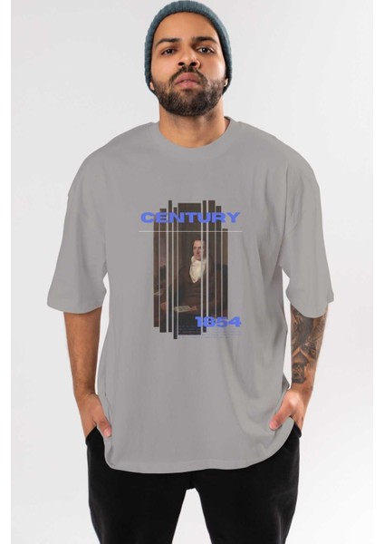 Century 1854 Yazılı Ön Baskılı Gri Oversize T-Shirt Unisex Erkek Kadın Bisiklet Yaka