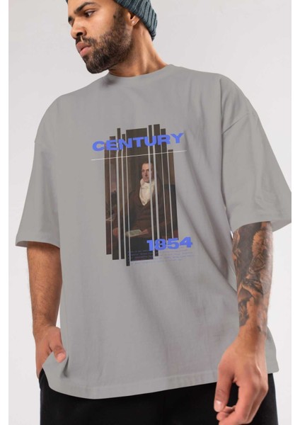 Century 1854 Yazılı Ön Baskılı Gri Oversize T-Shirt Unisex Erkek Kadın Bisiklet Yaka modelleri