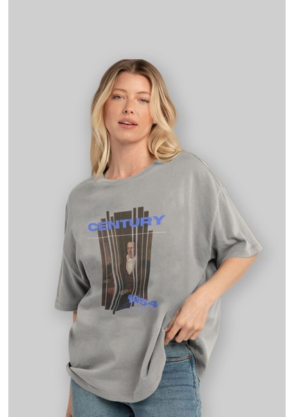 Century 1854 Yazılı Ön Baskılı Gri Oversize T-Shirt Unisex Erkek Kadın Bisiklet Yaka fırsatları