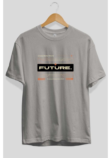 Future Ön Baskılı Gri Oversize T-Shirt Unisex Erkek Kadın Bisiklet Yaka fiyatları
