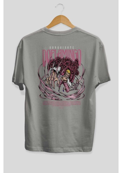 Doflamingo Anime Arka Baskılı Gri Oversize T-Shirt %100 Pamuk Erkek Kadın fiyatları