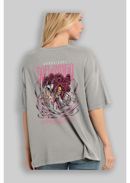 Doflamingo Anime Arka Baskılı Gri Oversize T-Shirt %100 Pamuk Erkek Kadın modelleri