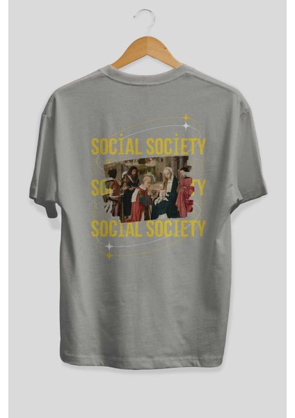 Social Society Yazılı Arka Baskılı Gri Oversize T-Shirt Unisex Erkek Kadın Bisiklet Yaka fiyatları