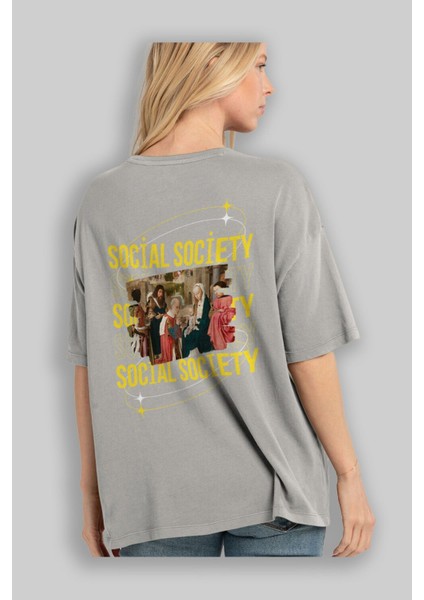 Social Society Yazılı Arka Baskılı Gri Oversize T-Shirt Unisex Erkek Kadın Bisiklet Yaka modelleri