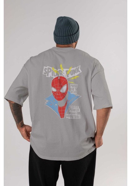 Spiderman (18) Arka Baskılı Gri Oversize T-Shirt Bisiklet Yaka Pamuk Erkek Kadın