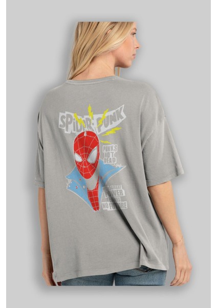 Spiderman (18) Arka Baskılı Gri Oversize T-Shirt Bisiklet Yaka Pamuk Erkek Kadın modelleri