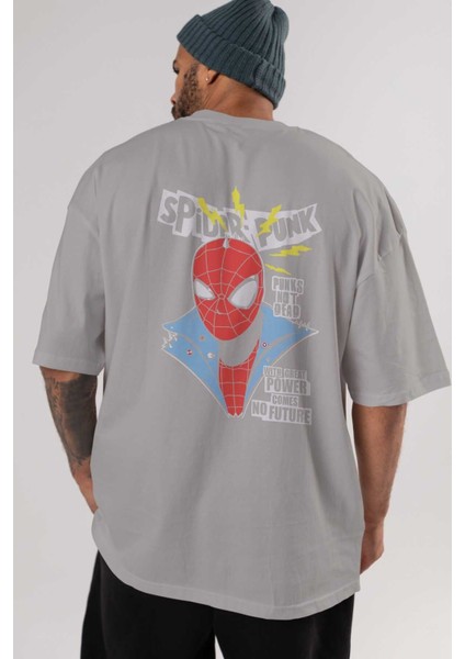 Spiderman (18) Arka Baskılı Gri Oversize T-Shirt Bisiklet Yaka Pamuk Erkek Kadın indirimleri