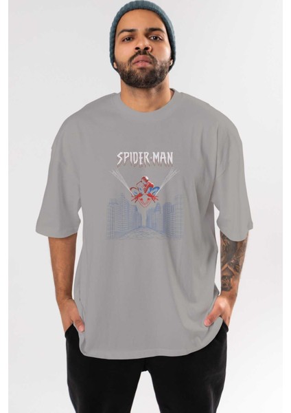 Spiderman (22) Ön Baskılı Gri Oversize T-Shirt Bisiklet Yaka Pamuk Erkek Kadın