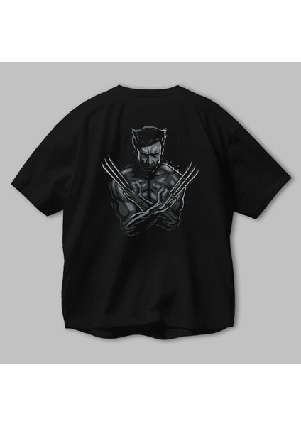 Wolverine Arka Baskılı Siyah Oversize T-Shirt Bisiklet Yaka Pamuk Erkek Kadın modelleri