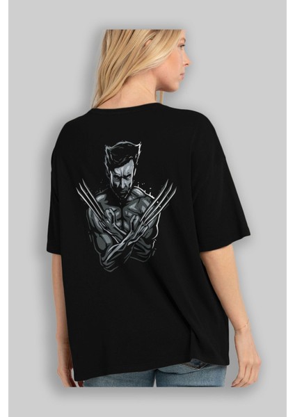 Wolverine Arka Baskılı Siyah Oversize T-Shirt Bisiklet Yaka Pamuk Erkek Kadın fırsatları