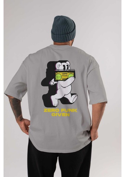 Zero Funk Given Bear Arka Baskılı Gri Oversize T-Shirt Unisex Erkek Kadın Bisiklet Yaka