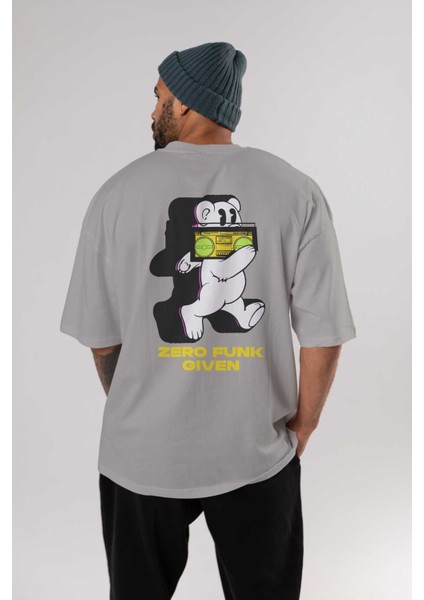 Zero Funk Given Bear Arka Baskılı Gri Oversize T-Shirt Unisex Erkek Kadın Bisiklet Yaka fırsatları