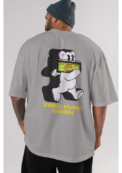 Zero Funk Given Bear Arka Baskılı Gri Oversize T-Shirt Unisex Erkek Kadın Bisiklet Yaka indirimleri