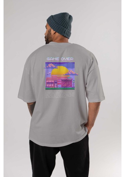 Game Over Yazılı Arka Baskılı Gri Oversize T-Shirt Unisex Erkek Kadın Bisiklet Yaka fırsatları