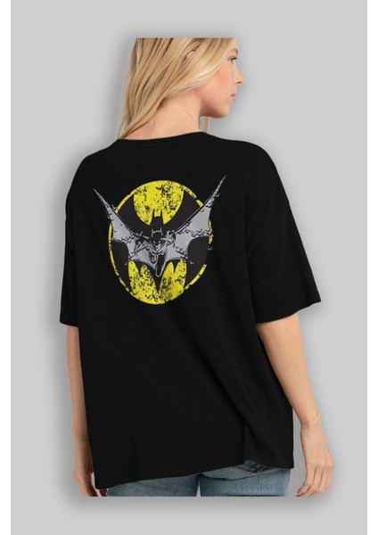 Batman 5 Arka Baskılı Siyah Oversize T-Shirt Bisiklet Yaka Pamuk Erkek Kadın fırsatları