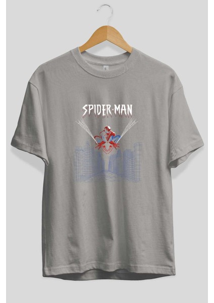 Spiderman (22) Ön Baskılı Gri Oversize T-Shirt Bisiklet Yaka Pamuk Erkek Kadın fiyatları