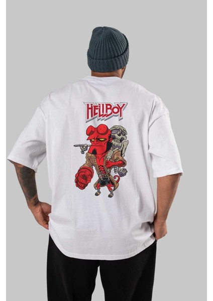 Hellboy (2) Arka Baskılı Beyaz Oversize T-Shirt Bisiklet Yaka Pamuk Erkek Kadın