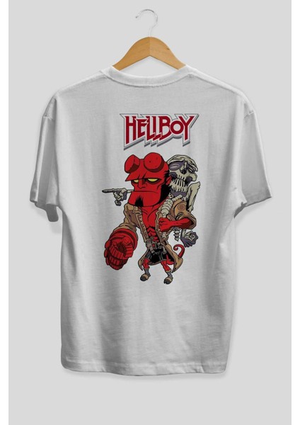 Hellboy (2) Arka Baskılı Beyaz Oversize T-Shirt Bisiklet Yaka Pamuk Erkek Kadın fiyatları