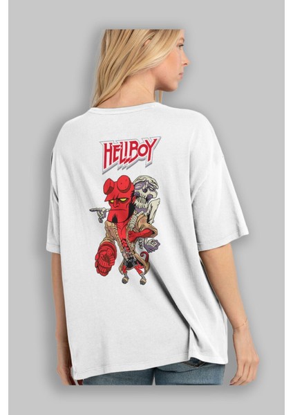 Hellboy (2) Arka Baskılı Beyaz Oversize T-Shirt Bisiklet Yaka Pamuk Erkek Kadın modelleri