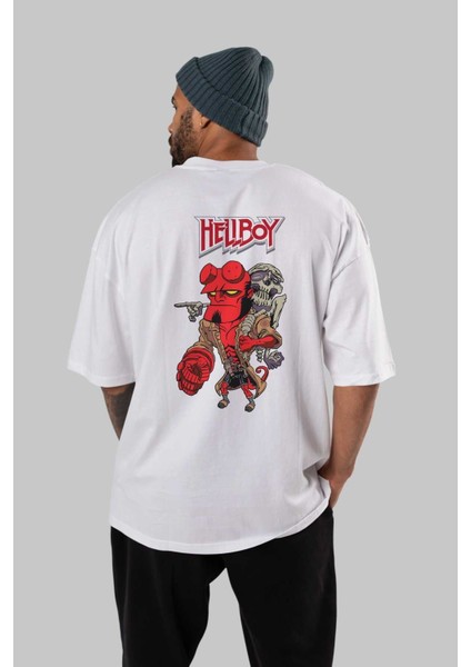 Hellboy (2) Arka Baskılı Beyaz Oversize T-Shirt Bisiklet Yaka Pamuk Erkek Kadın fırsatları