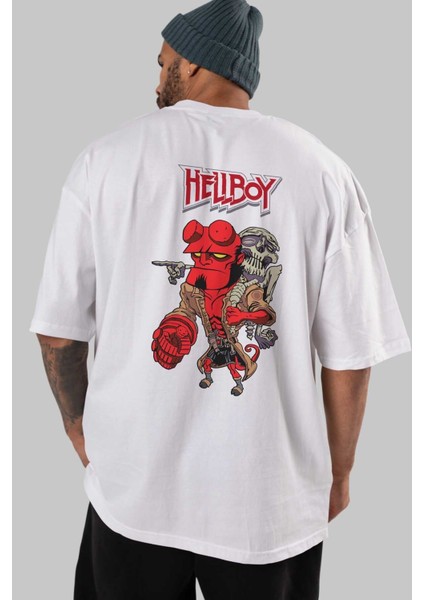 Hellboy (2) Arka Baskılı Beyaz Oversize T-Shirt Bisiklet Yaka Pamuk Erkek Kadın indirimleri