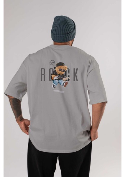 Teddy Bear Rock Arka Baskılı Gri Oversize T-Shirt Unisex Erkek Kadın Bisiklet Yaka